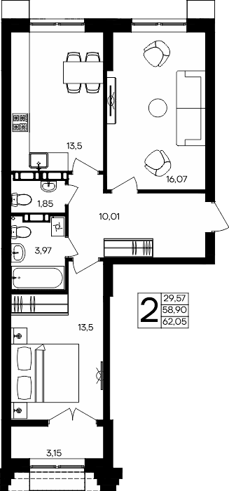 2-к, 62.05 м² · Семисчастье