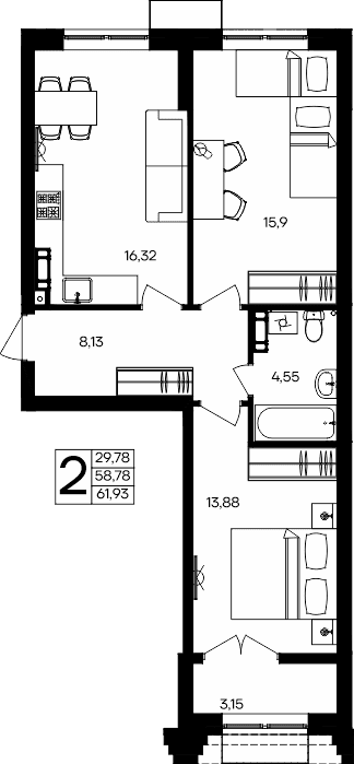 2-к, 61.93 м² · Семисчастье