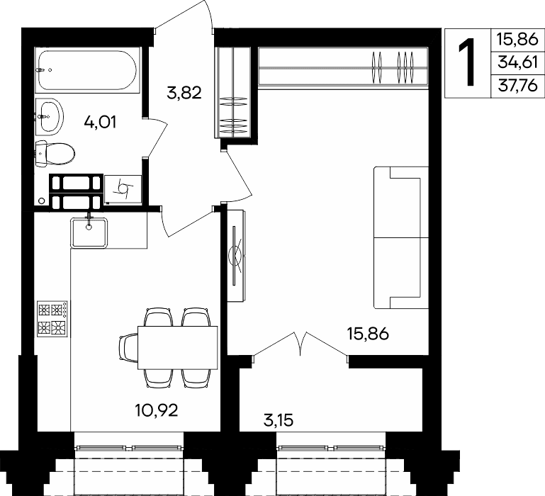 1-к, 37.76 м² · Семисчастье