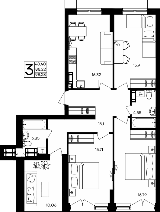 3-к, 98.28 м² · Семисчастье