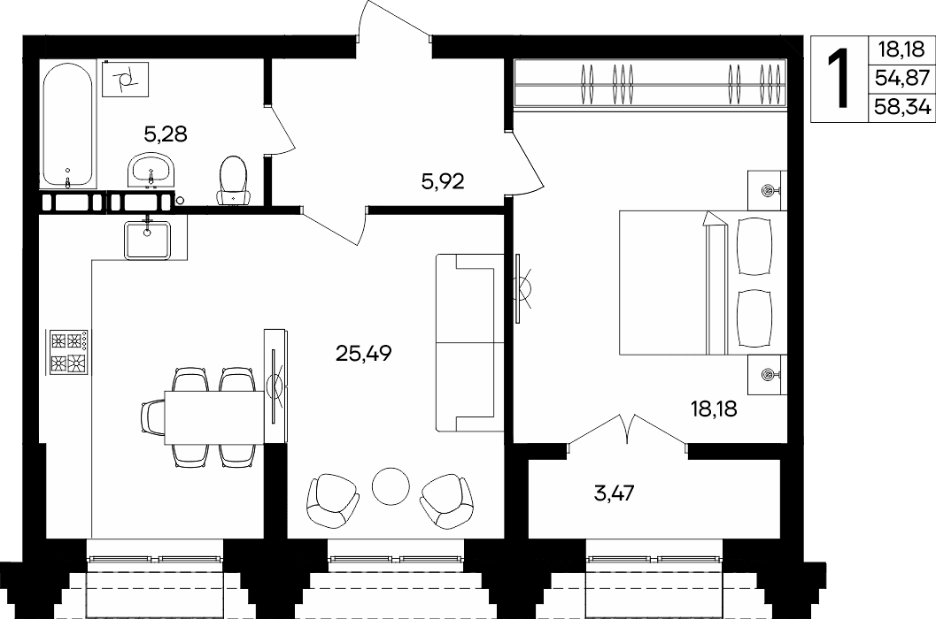 1-к, 58.34 м² · Семисчастье