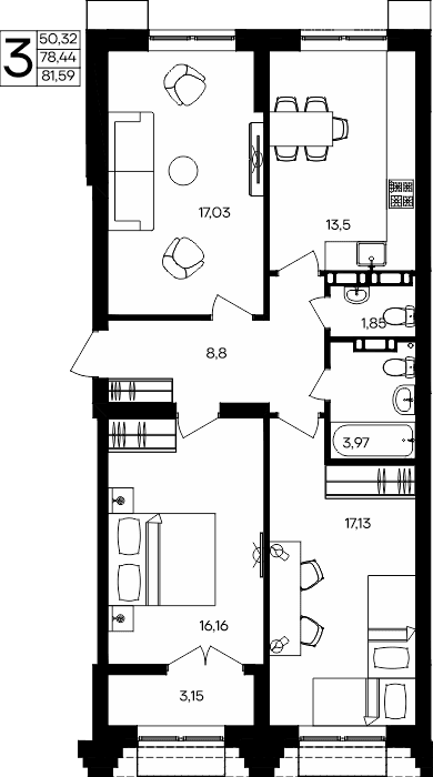 3-к, 81.59 м² · Семисчастье