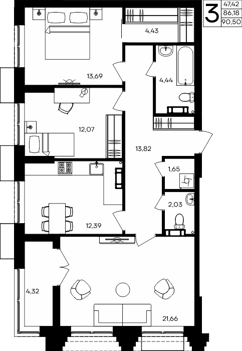 3-к, 90.5 м² · Семисчастье