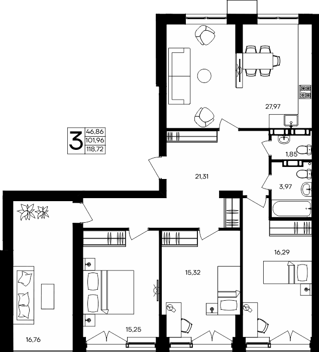 3-к, 118.72 м² · Семисчастье