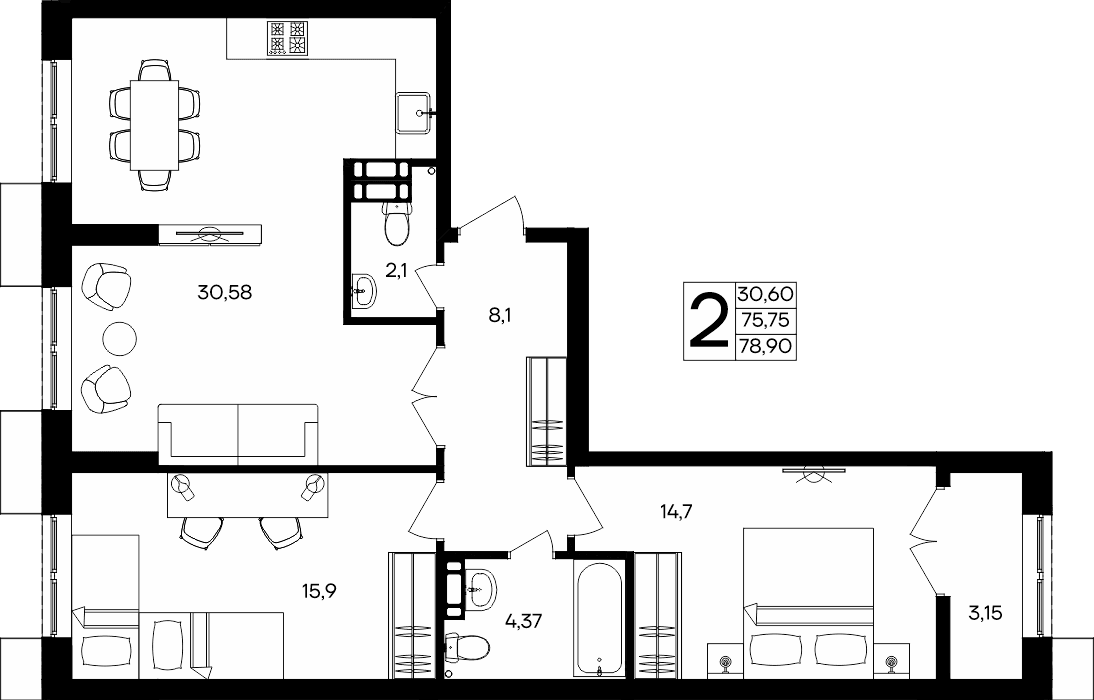 2-к, 78.9 м² · Семисчастье
