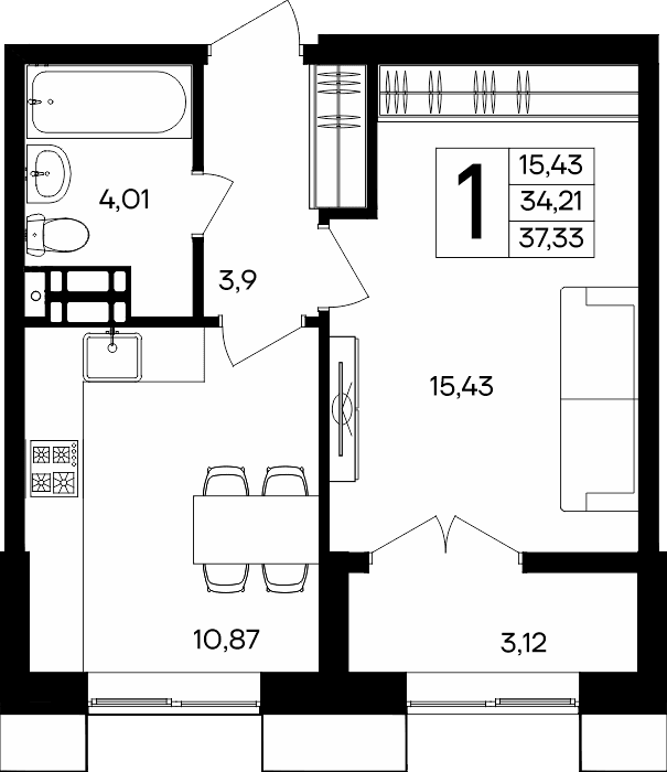 1-к, 37.33 м² · Семисчастье