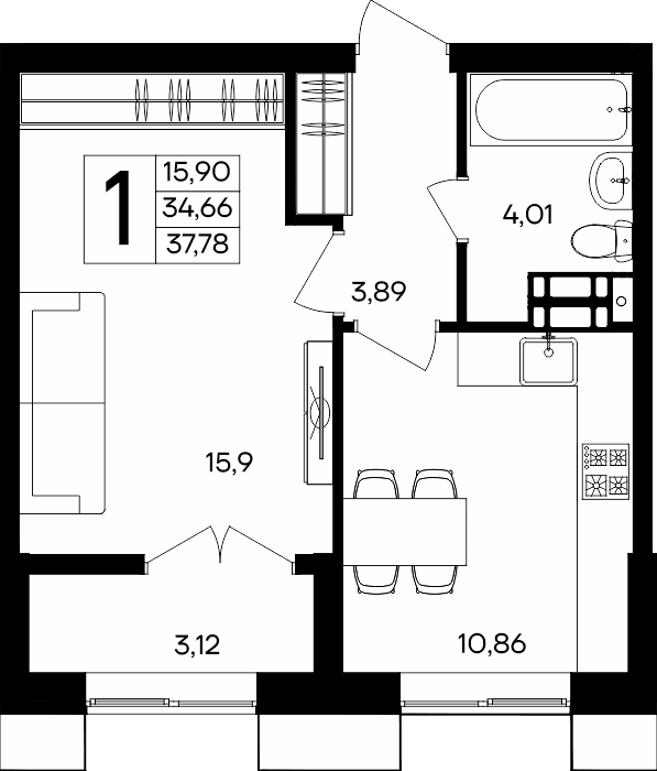 1-к, 37.78 м² · Семисчастье