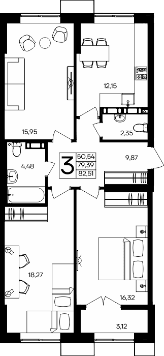 3-к, 82.51 м² · Семисчастье