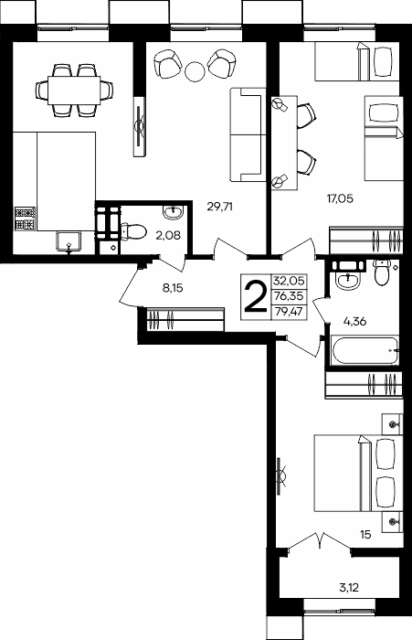 2-к, 79.47 м² · Семисчастье
