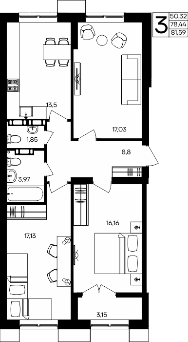 3-к, 81.59 м² · Семисчастье
