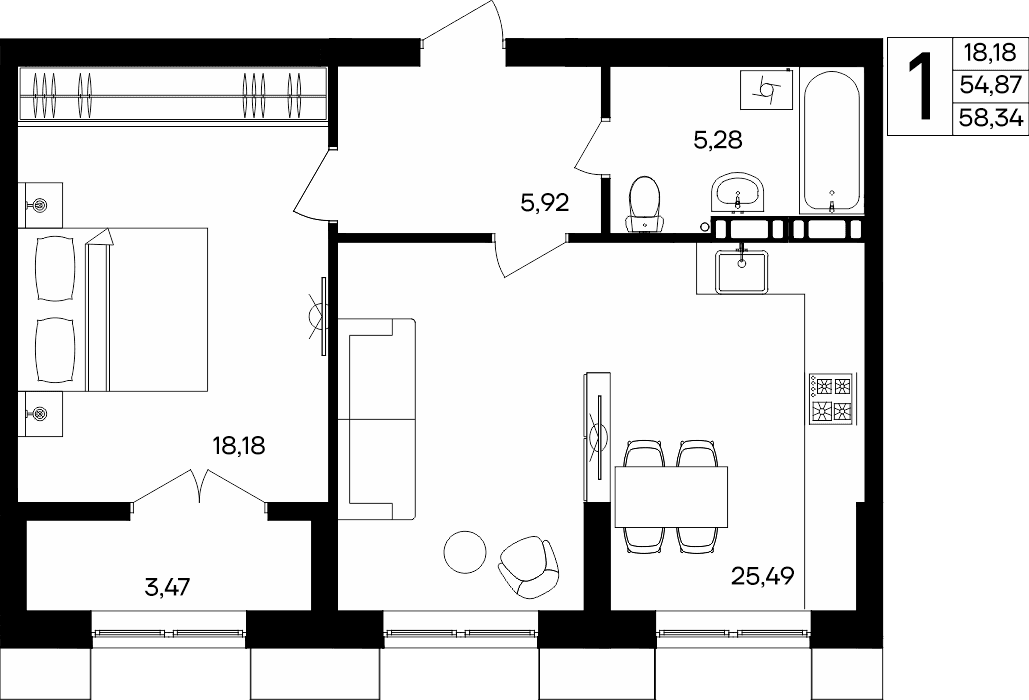 1-к, 58.34 м² · Семисчастье