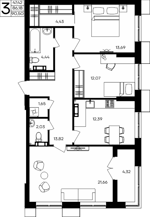 3-к, 90.5 м² · Семисчастье