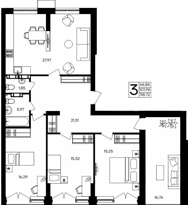 3-к, 118.72 м² · Семисчастье