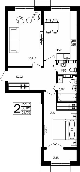 2-к, 62.05 м² · Семисчастье