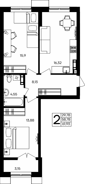 2-к, 61.93 м² · Семисчастье