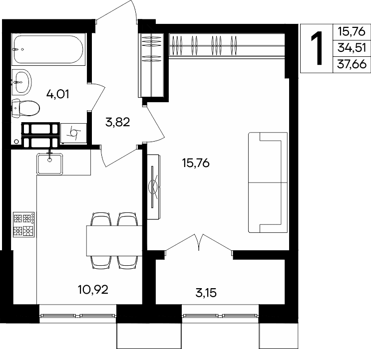 1-к, 37.66 м² · Семисчастье