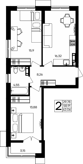 2-к, 62.06 м² · Семисчастье