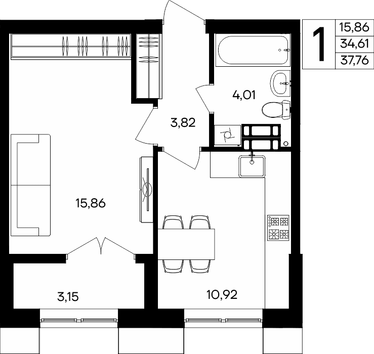 1-к, 37.76 м² · Семисчастье