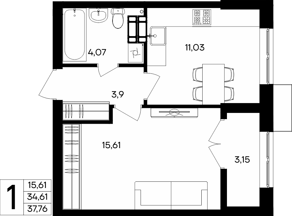 1-к, 37.76 м² · Семисчастье