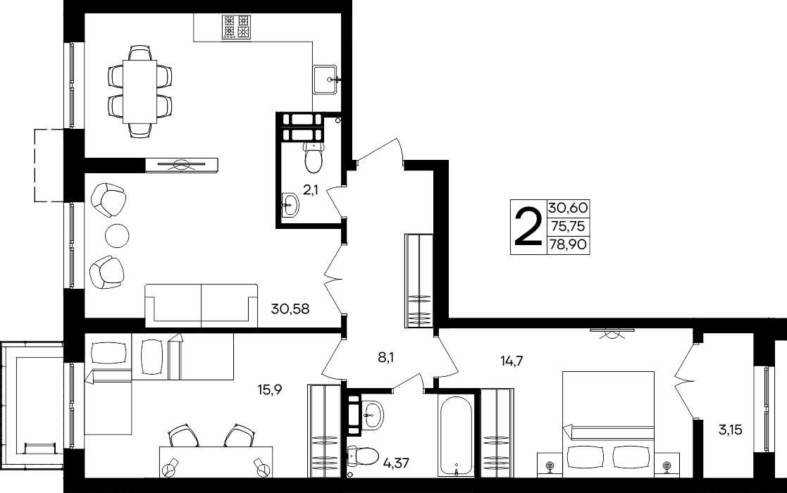 2-к, 78.9 м² · Семисчастье