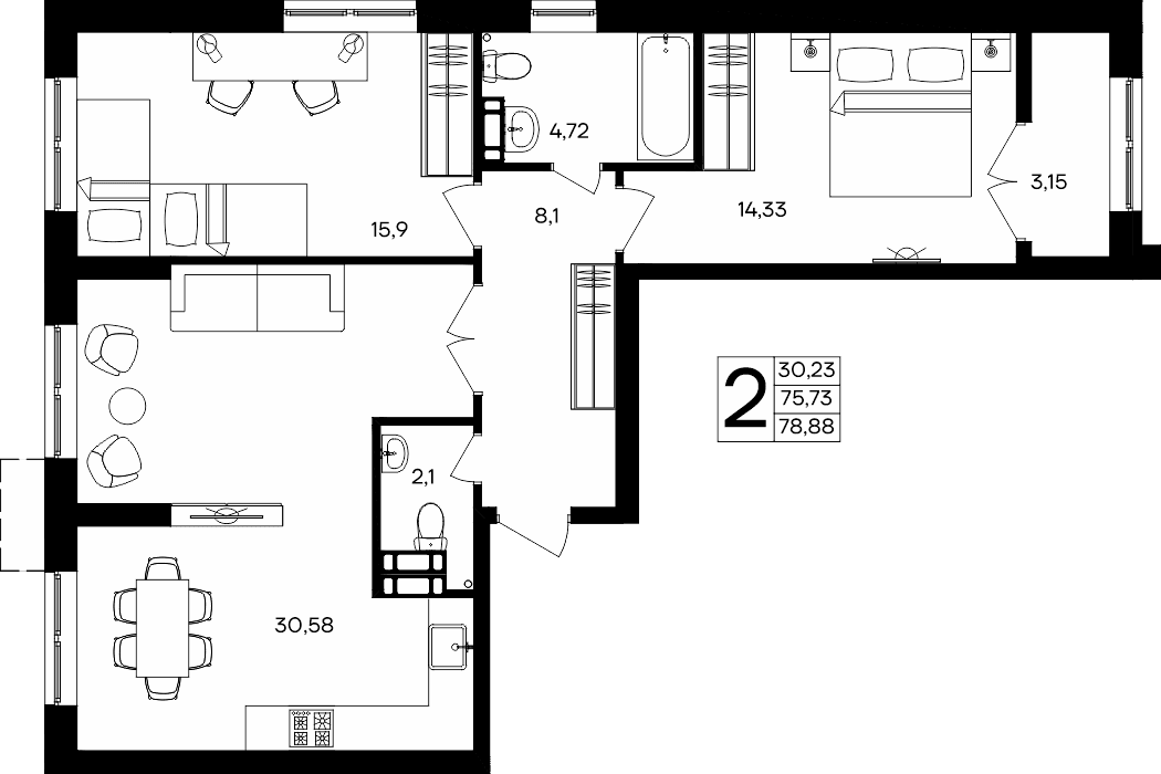 2-к, 78.88 м² · Семисчастье
