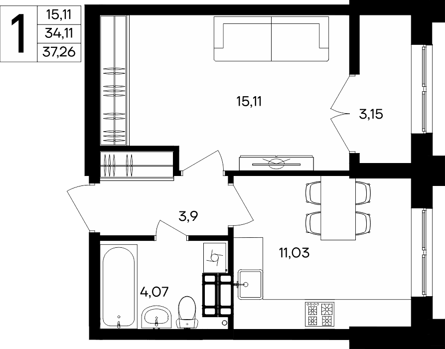 1-к, 37.26 м² · Семисчастье