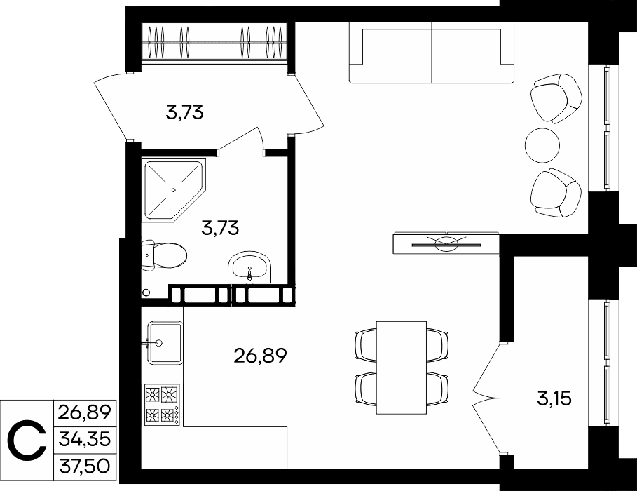 Студия, 37.5 м² · Семисчастье