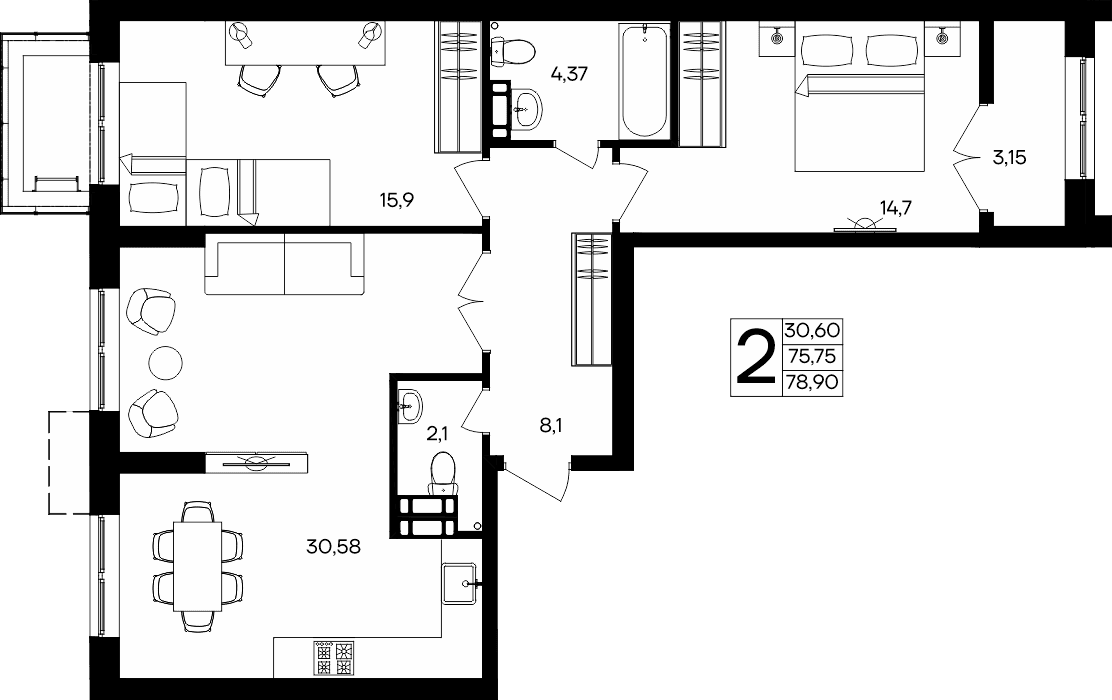 2-к, 78.9 м² · Семисчастье