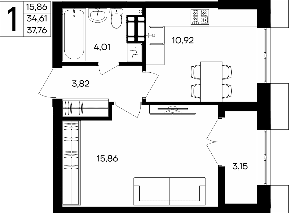 1-к, 37.76 м² · Семисчастье