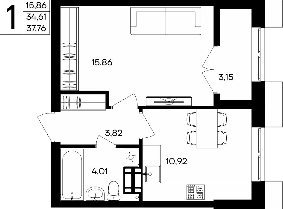 1-к, 37.76 м² · Семисчастье