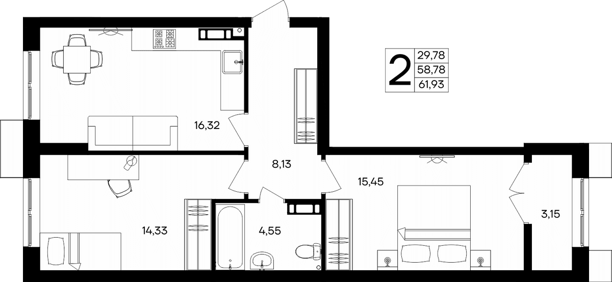 2-к, 61.93 м² · Семисчастье