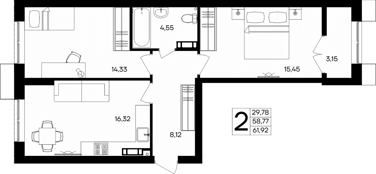2-к, 61.92 м² · Семисчастье