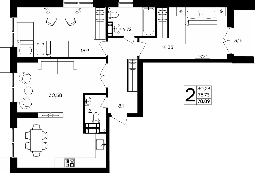 2-к, 78.89 м² · Семисчастье