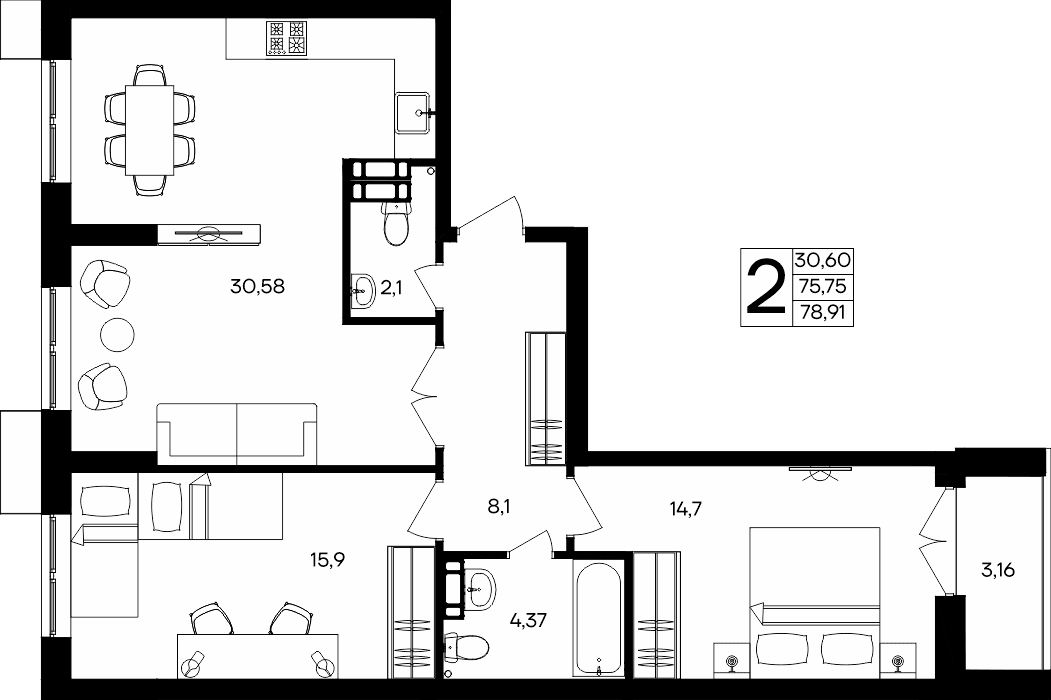 2-к, 78.91 м² · Семисчастье