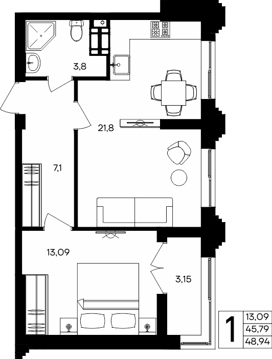 1-к, 48.94 м² · Семисчастье