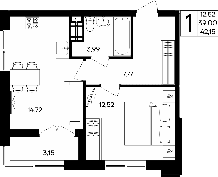 1-к, 42.15 м² · Семисчастье