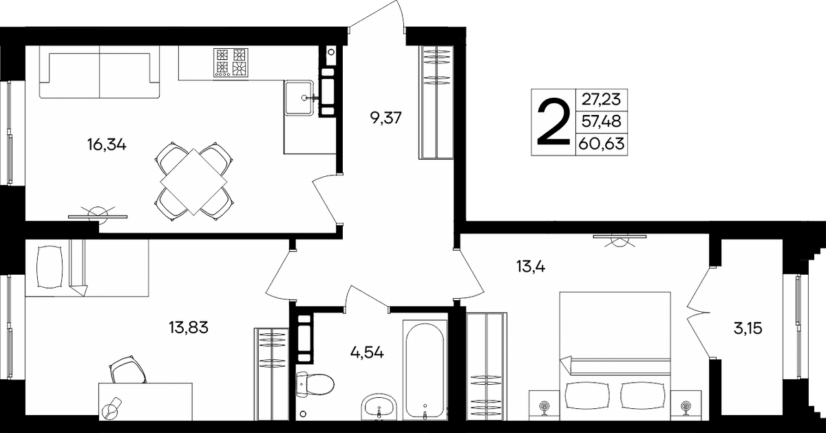 2-к, 60.63 м² · Семисчастье