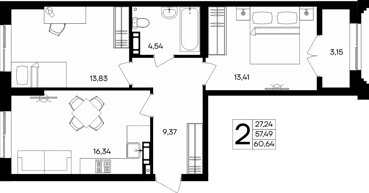 2-к, 60.64 м² · Семисчастье