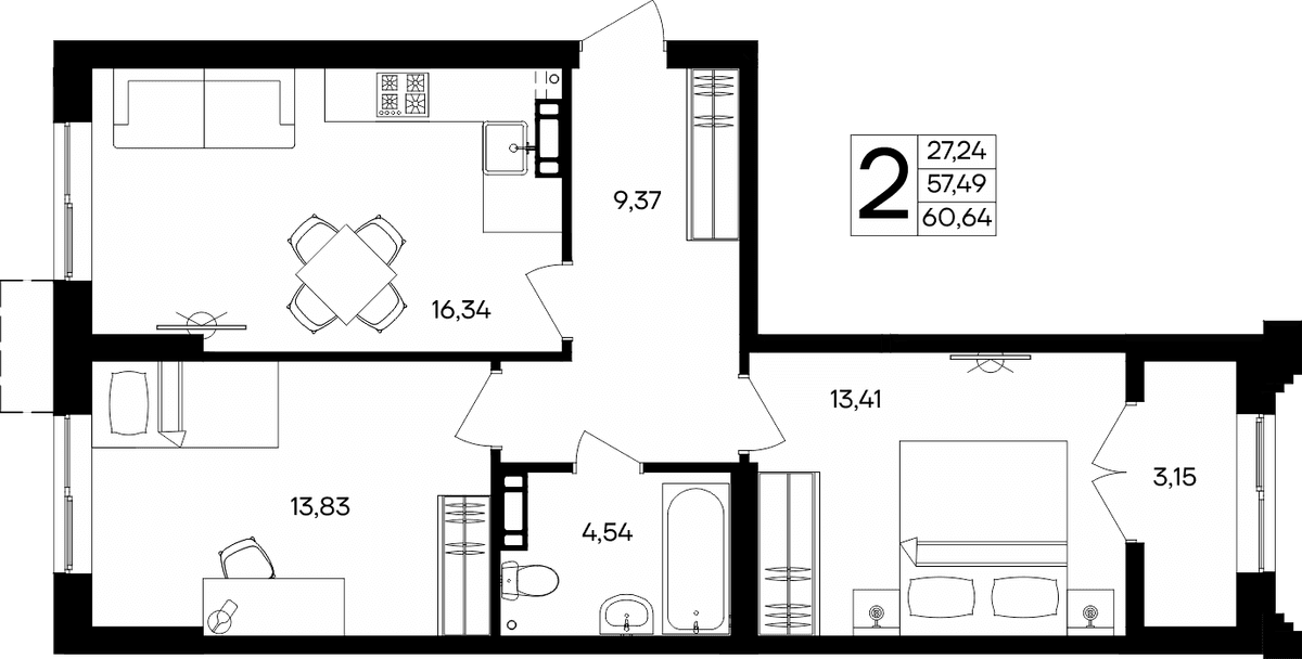 2-к, 60.64 м² · Семисчастье