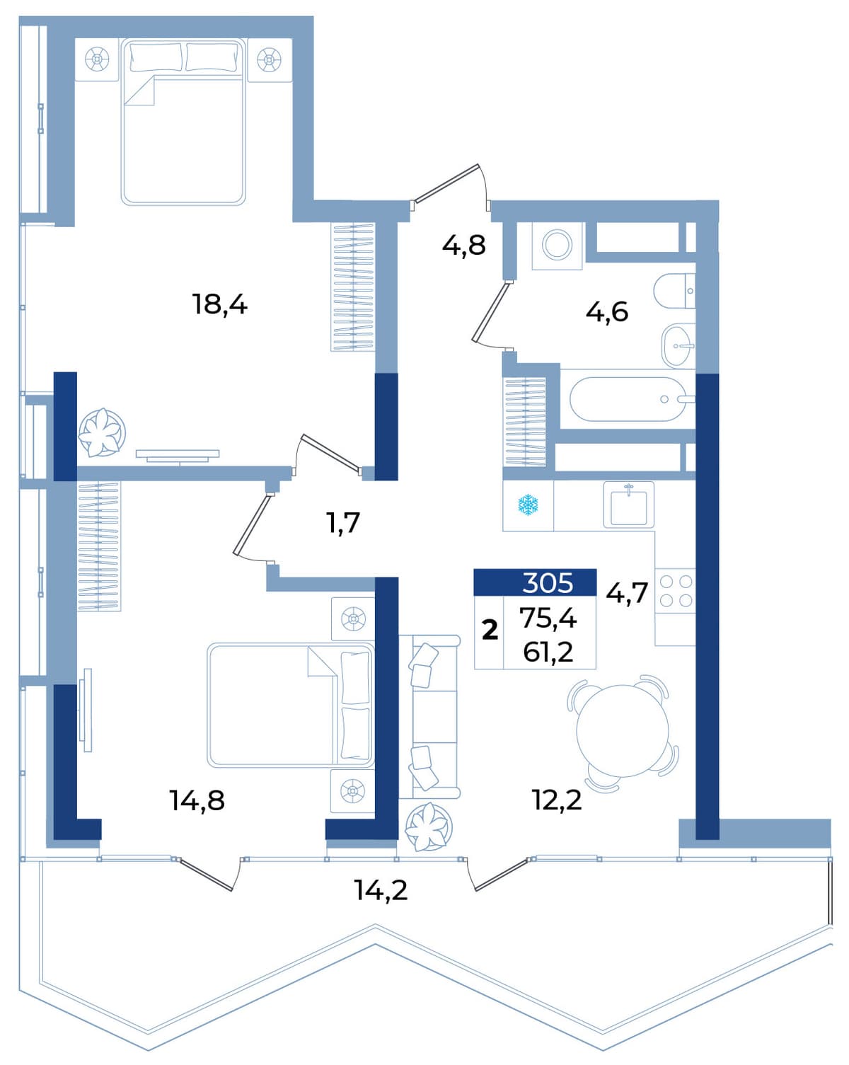 2-к, 75.4 м² · Эфириум
