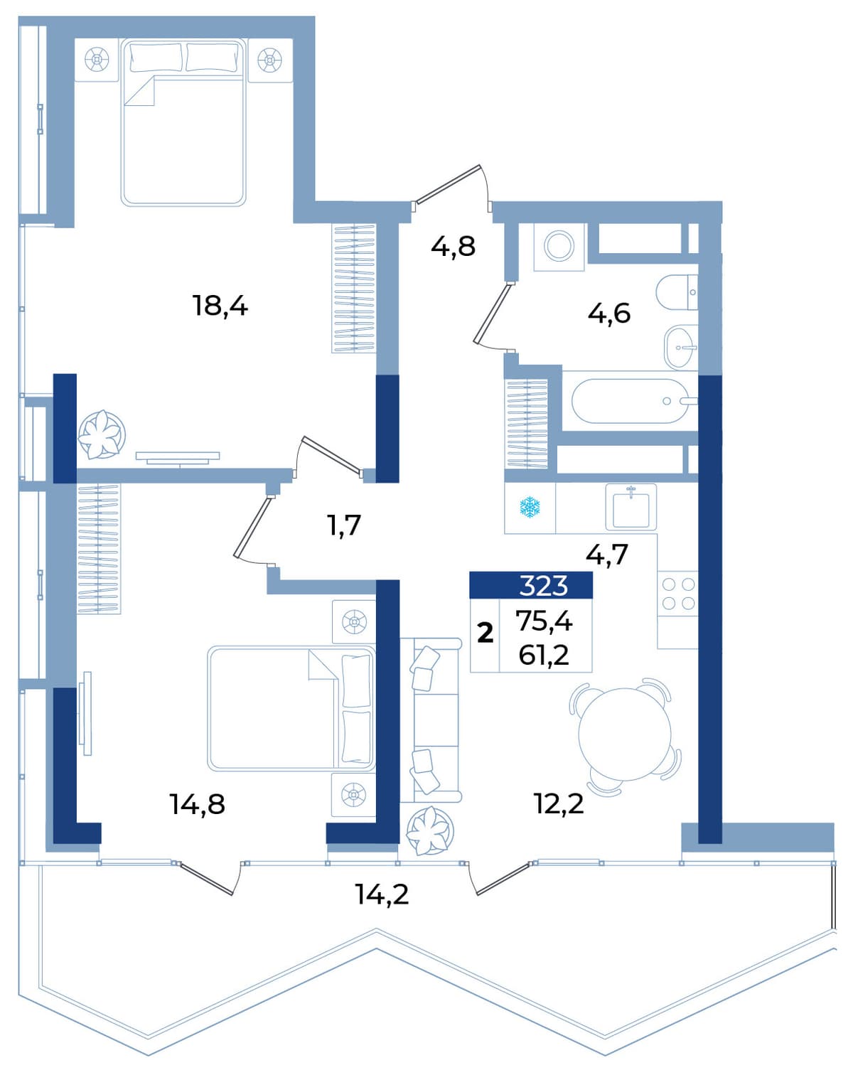 2-к, 75.4 м² · Эфириум