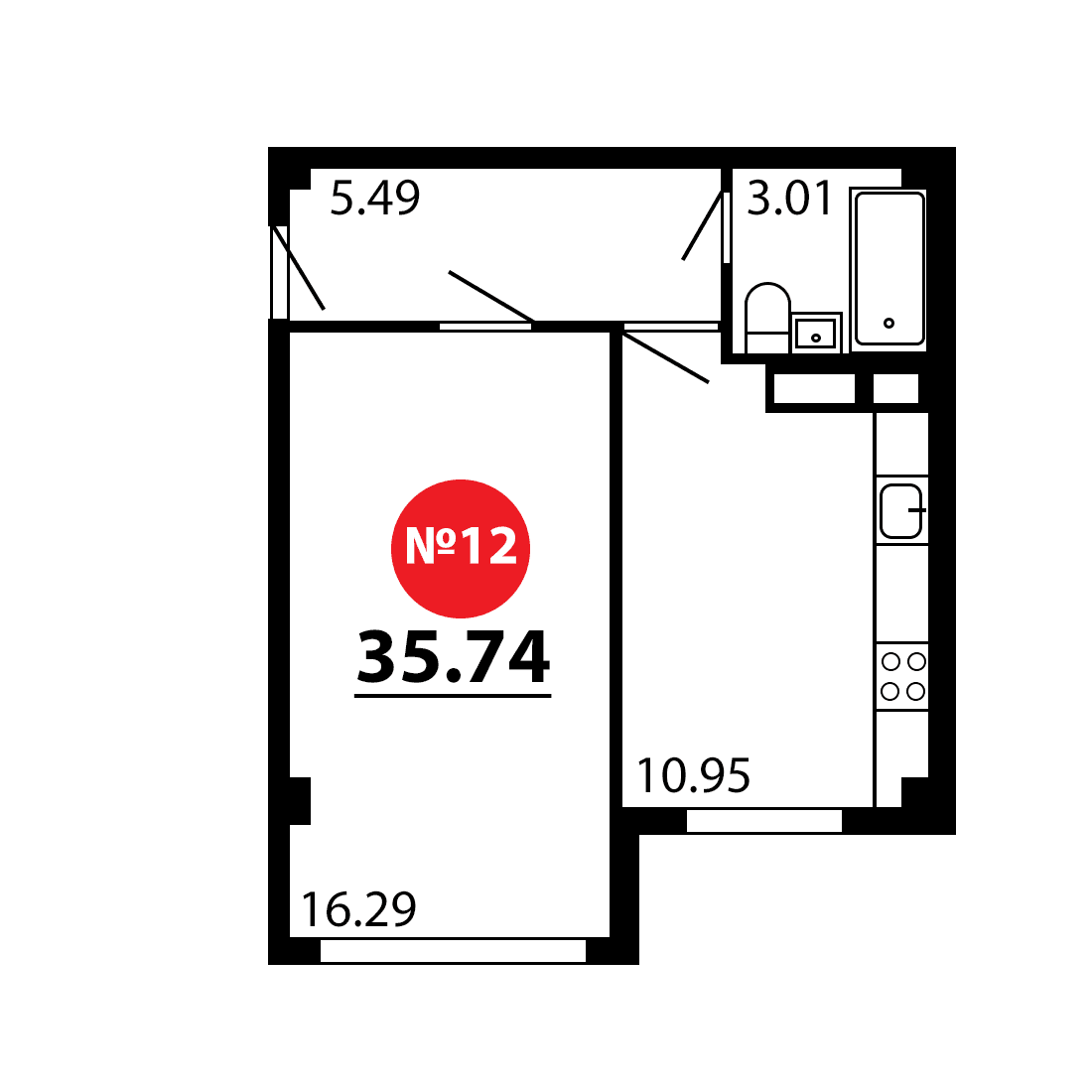 1-к, 35.75 м² · Рассвет