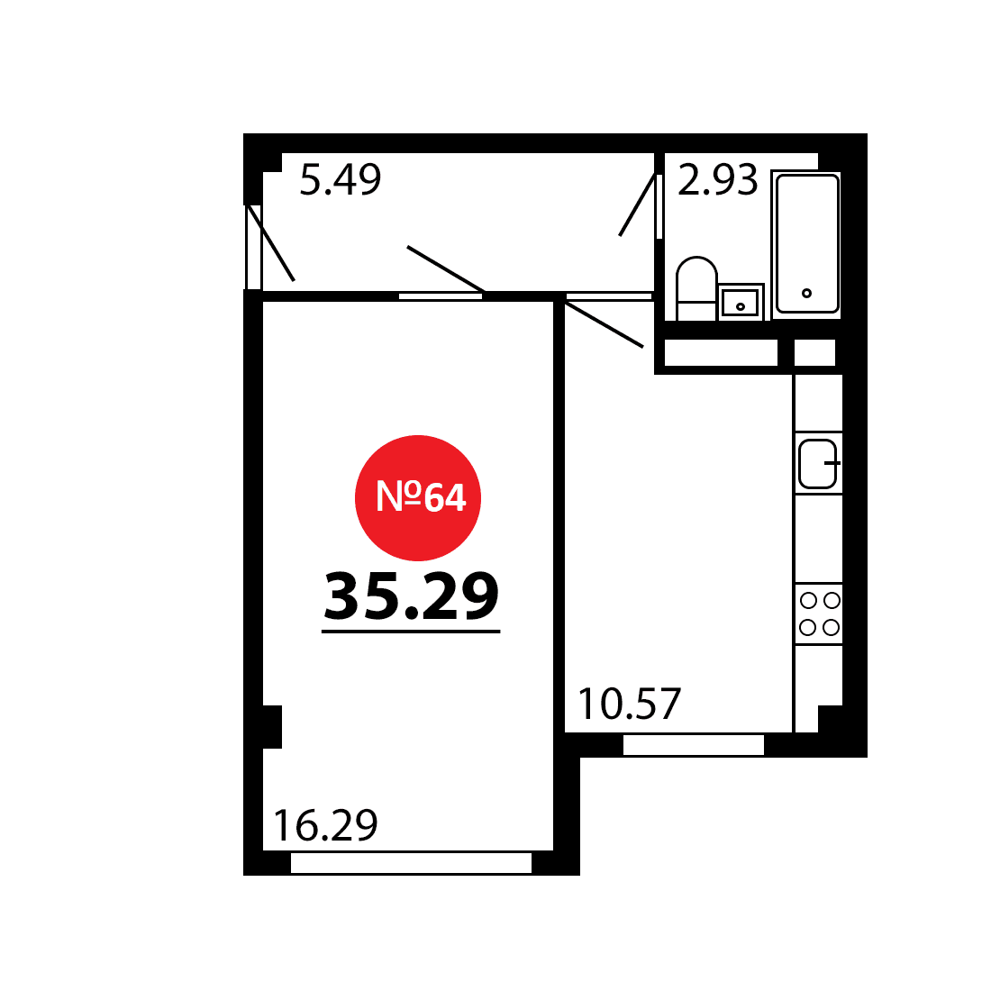 1-к, 35.29 м² · Рассвет