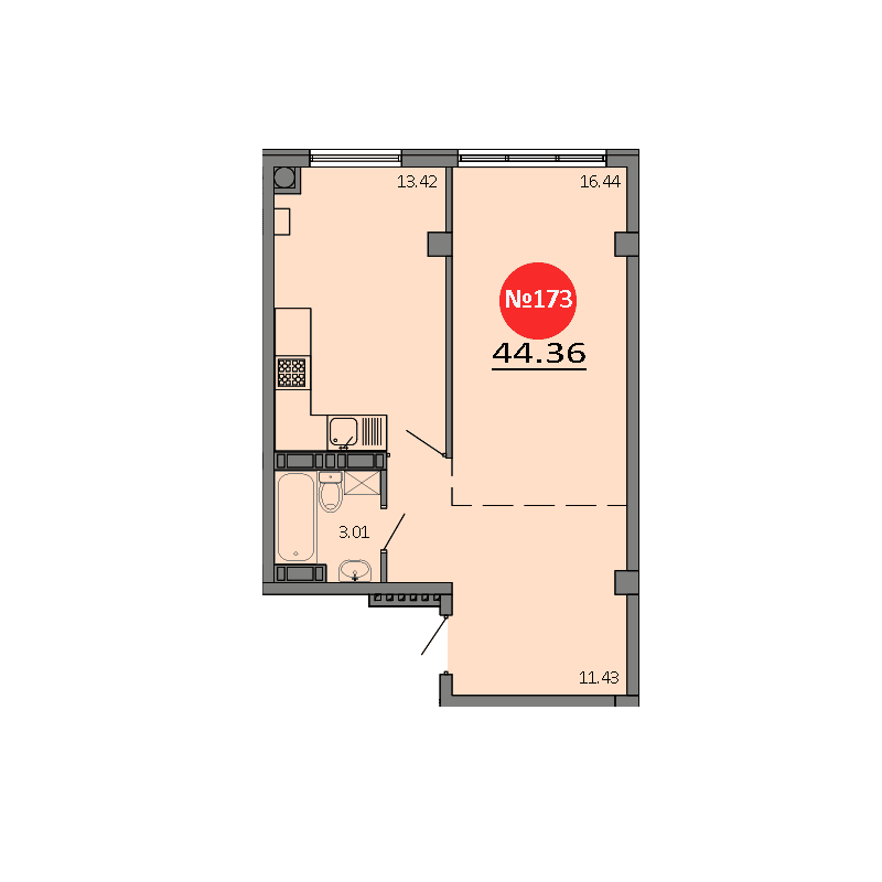 1-к, 44.36 м² · Зелёный квартал