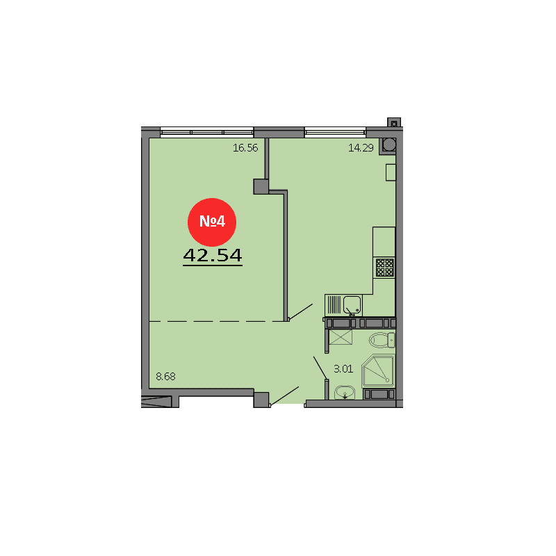 1-к, 42.54 м² · Зелёный квартал