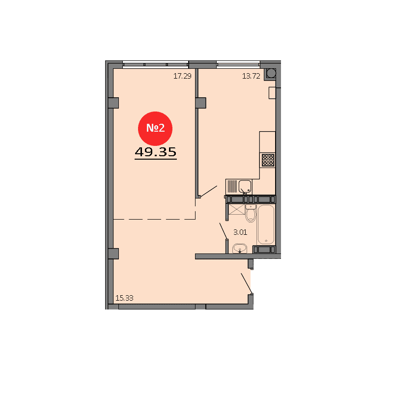 1-к, 49.35 м² · Зелёный квартал