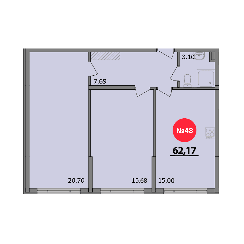2-к, 61.83 м² · Парк Прибрежный