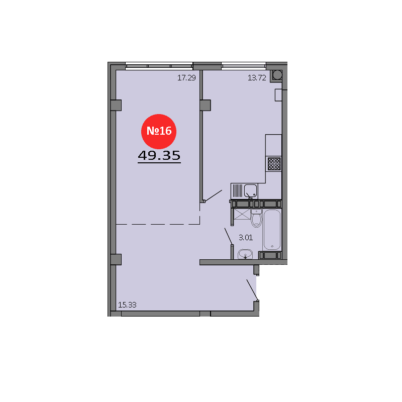 1-к, 49.35 м² · Зелёный квартал