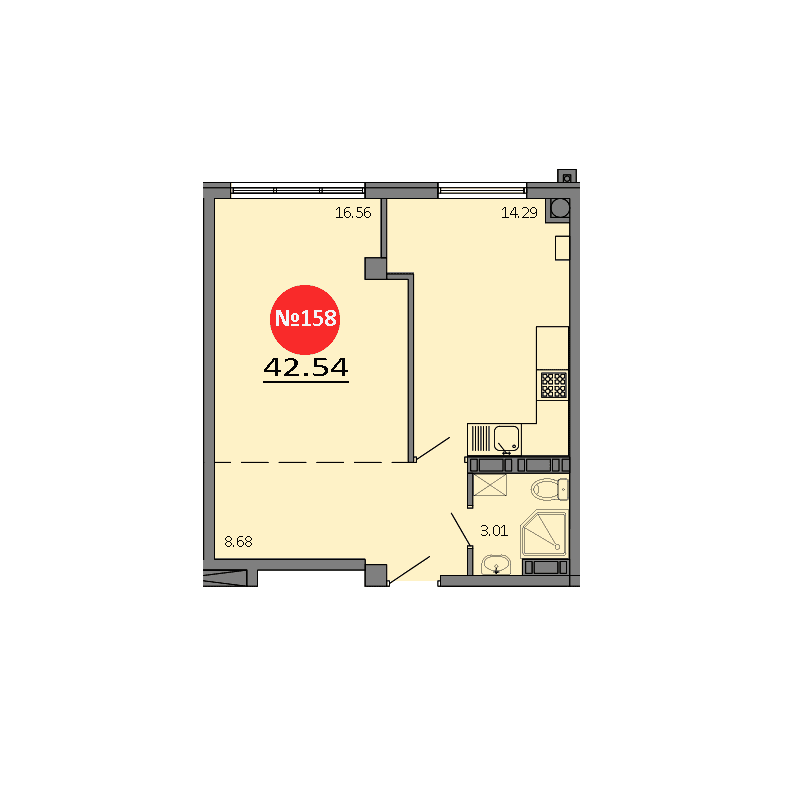 1-к, 42.54 м² · Зелёный квартал