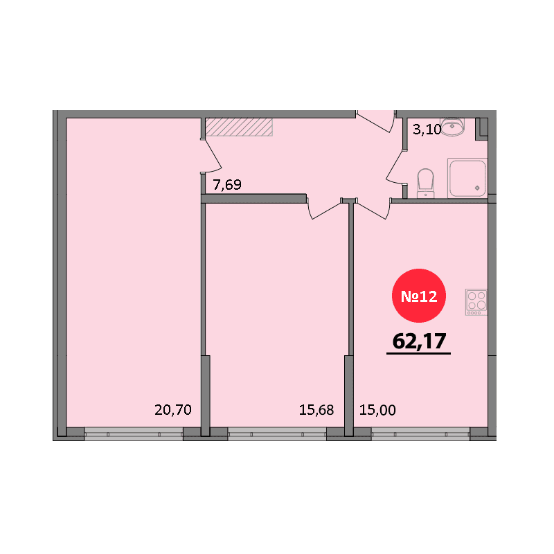 2-к, 62.17 м² · Парк Прибрежный